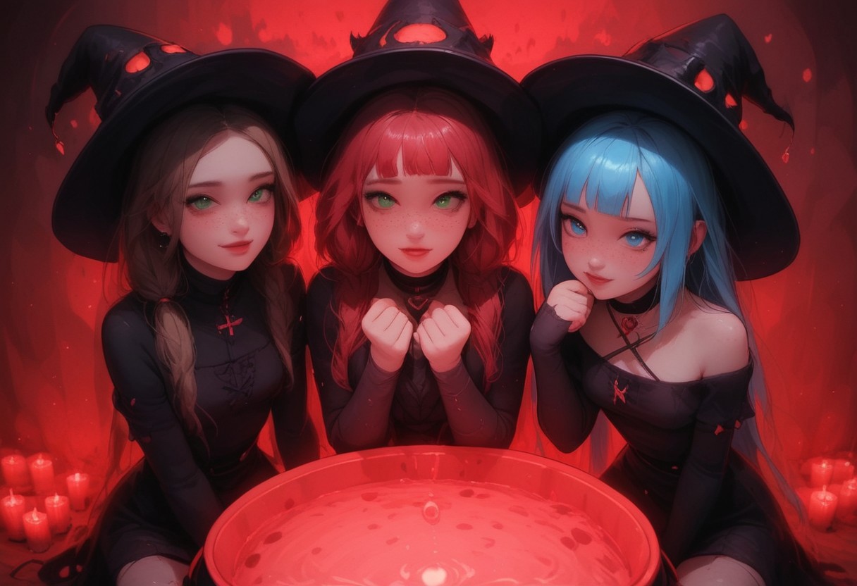 ultra detailed, score_9, score_8_up, score_7_up, 
Photorealistic, real photo, source_anime, 22 years old, realistic, (((3girls))), cute perfect face, supermodel, ((kneeling around a large black cauldron with glowing green ooze)), (dynamic poses), (young), beautiful hair, fist girl blonde, second girl redhead, third girl blue hair, ((wet skin)), (wet hair), 2girls eagerly waiting, gleeful demonic expressions, twintails, ponytail, second girl with ladle in hand, skindentation, gorgeous hair, natural colours, ((small breast focus)), hyperdetailed photography, bright blue eyes, bright green eyes, excited smiles, freckles, (fit), narrow waist, blush, gleeful, big round eyes, wearing [easynegative, Expressiveh, g0thicPXL, glowing, neon,, <lora:witch-ponyxl-lora-nochekaiser:1>, witch, hat, witch hat, dress, halloween, halloween costume, jewelry,], supermodels, slim legs, extreme realism, thigh gap, small breasts, teardrop breasts, ((cute smiles)), (perfect body), petite, (small hands), ((in a large decadent space)), eyes fixated on cauldron, petite, blushing, 2k revolution, freckles, looking at cauldron, from above, cinematic light, masterpiece, 32k, golden hour, light from sunset, detailed fingers, detailed hands,
