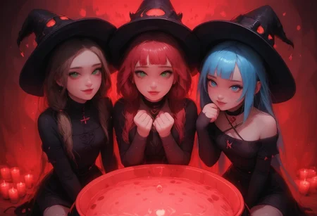 ultra detailed, score_9, score_8_up, score_7_up, 
Photorealistic, real photo, source_anime, 22 years old, realistic, (((3girls))), cute perfect face, supermodel, ((kneeling around a large black cauldron with glowing green ooze)), (dynamic poses), (young), beautiful hair, fist girl blonde, second girl redhead, third girl blue hair, ((wet skin)), (wet hair), 2girls eagerly waiting, gleeful demonic expressions, twintails, ponytail, second girl with ladle in hand, skindentation, gorgeous hair, natural colours, ((small breast focus)), hyperdetailed photography, bright blue eyes, bright green eyes, excited smiles, freckles, (fit), narrow waist, blush, gleeful, big round eyes, wearing [easynegative, Expressiveh, g0thicPXL, glowing, neon,, <lora:witch-ponyxl-lora-nochekaiser:1>, witch, hat, witch hat, dress, halloween, halloween costume, jewelry,], supermodels, slim legs, extreme realism, thigh gap, small breasts, teardrop breasts, ((cute smiles)), (perfect body), petite, (small hands), ((in a large decadent space)), eyes fixated on cauldron, petite, blushing, 2k revolution, freckles, looking at cauldron, from above, cinematic light, masterpiece, 32k, golden hour, light from sunset, detailed fingers, detailed hands,