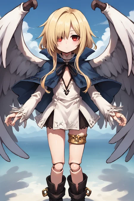 score_9, score_8_up, score_7_up, source anime, <lora:backgroundsetXL:0.3> , background, BREAK, solo, looking at viewer, <lora:No._367__Sannrokunanagou:0.7> , thrdef, 1girl, red eyes, blonde hair, long hair, medium hair with long locks, (hair over one eye), wings, feathered wings, white wings, dress, white dress, short dress, blue cloak, popped collar, neck ribbon, black ribbon, (center opening), long sleeves, thighlet, boots <lora:BJD:0.8> , 1girl, BJD, doll, joints, <lora:moshimoshibe:0.7> , moshimoshibe,