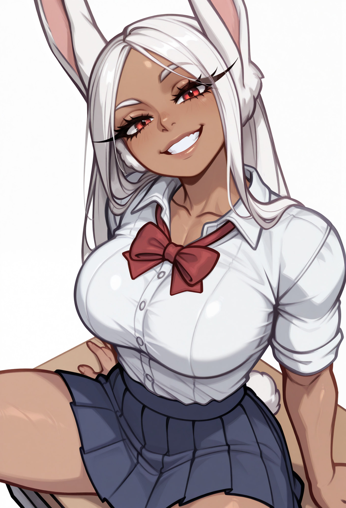 1girl, solo, looking at viewer, sitting, on desk, white shirt, collared shirt, red bowtie, blue skirt, pleated skirt, rabbit tail, spread legs, white background, grin, head tilt, three quarter view, arm support, large breasts, collarbone, from above, from side, 
dark-skinned female, muscular female, rabbit ears, rabbit girl, white hair, red eyes, long hair, long eyelashes, parted bangs, 
masterpiece, best quality, <lora:Blushyspicy-guy90-IllustriousV101:1>, yciblu, lifnob, <lora:mirko-guy90-Illust-LoraV1:1>, okrim
