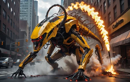 <lora:Electric Alien - Trigger is ElectAlien Artstyle:1> electalien artstyle destroying an The Clarion Hotel located on the corner of city street in New York . Photorealistic. Explosion artstyle, Film scene. Red appendages, hot molten arms impaling a decrepit yellow schoolbus. Crushed.