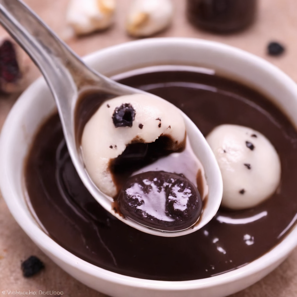 For a realistic style image of a spoon with some food in it,<lora:Tang_yuan:0.85>,chocolate jam filling  ,