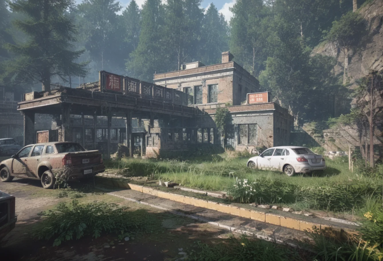 ,ruanyi0763,outdoors,tree,building,ruins,gas station,<lora:0763 post apocalypse_v1_pony:1>, score_9,score_8_up,score_7_up,,8k,1girl,solo,
