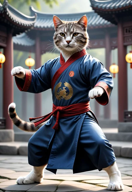 Masterpiece, photorealistic, raw photo, high quality, best quality,(HDR:1.4), dynamic, a cat martial arts mast, wearing Chinese kungfu dress, doing Tai Chi performances, the movie effects of Tai Chi diagram embedded with the Tai Chi pose, bokeh