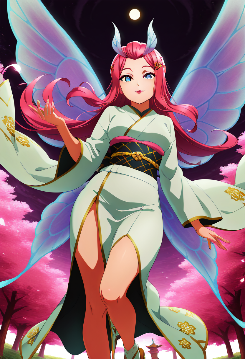 masterpiece, best quality, solo, curvy, beautiful eyes, narrow waist, wide hips, 1girl, solo, smile, looking at viewer, dynamic angle, foreshortening, close up,     zzTasi, blue eyes, long hair, multicolored hair, pink hair, wings,  ,<lora:TasiAFK_IXL:1.0>,  [Traditional Idol Princess], <lora:LoveLiveSchoolIdolFestivalAllStarsNAI:0.5>, richly embroidered kimono with a floral design, wide Obi belt with gold accents, delicate wooden geta sandals, cherry blossom hairpins, soft red lip gloss, standing in front of a grand Japanese palace garden with gentle winds blowing through the trees,