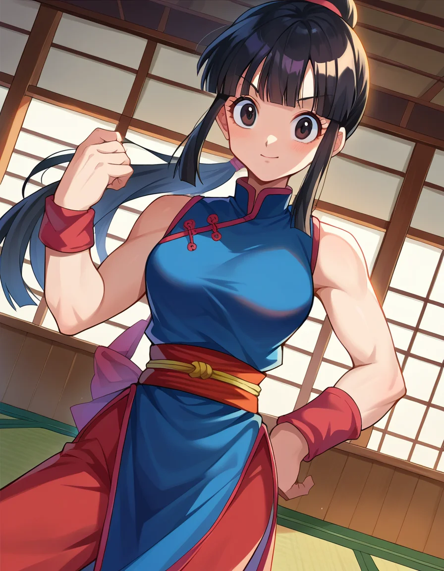 score_9, score_8_up, score_7_up, source_anime,
dragonballchichi, <lora:dragonball-chichi-ponyxl-lora-nochekaiser:1>,
chi chi, black eyes, black hair, long hair, hime cut, blunt bangs, sidelocks,
bare arms, blue dress, china dress, chinese clothes, dress, high collar, obi, pants, ponytail, red pants, red sash, red wristband, sash, side slit, sleeveless, sleeveless dress, wristband,
indoors, dojo,
looking at viewer, dutch angle, cowboy shot,
