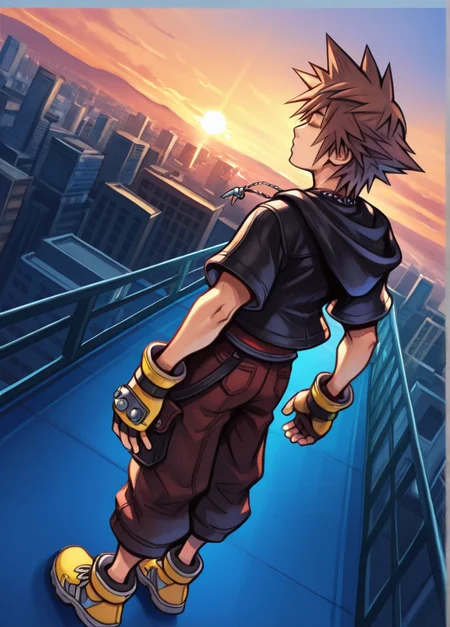 tetsuyaxd,
masterpiece, best quality, amazing quality, very aesthetic, absurdres, newest, detailed background, upper body, outdoors, sunset, city, sky, dynamic angle,
male focus, 1boy, brown hair, gloves, fingerless gloves, solo, hood, spiked hair, jewelry, hood down, closed eyes, necklace, short hair, full body, hoodie, from behind, short sleeves, yellow footwear,
<lora:Tetsuya_Nomura_Style:1>