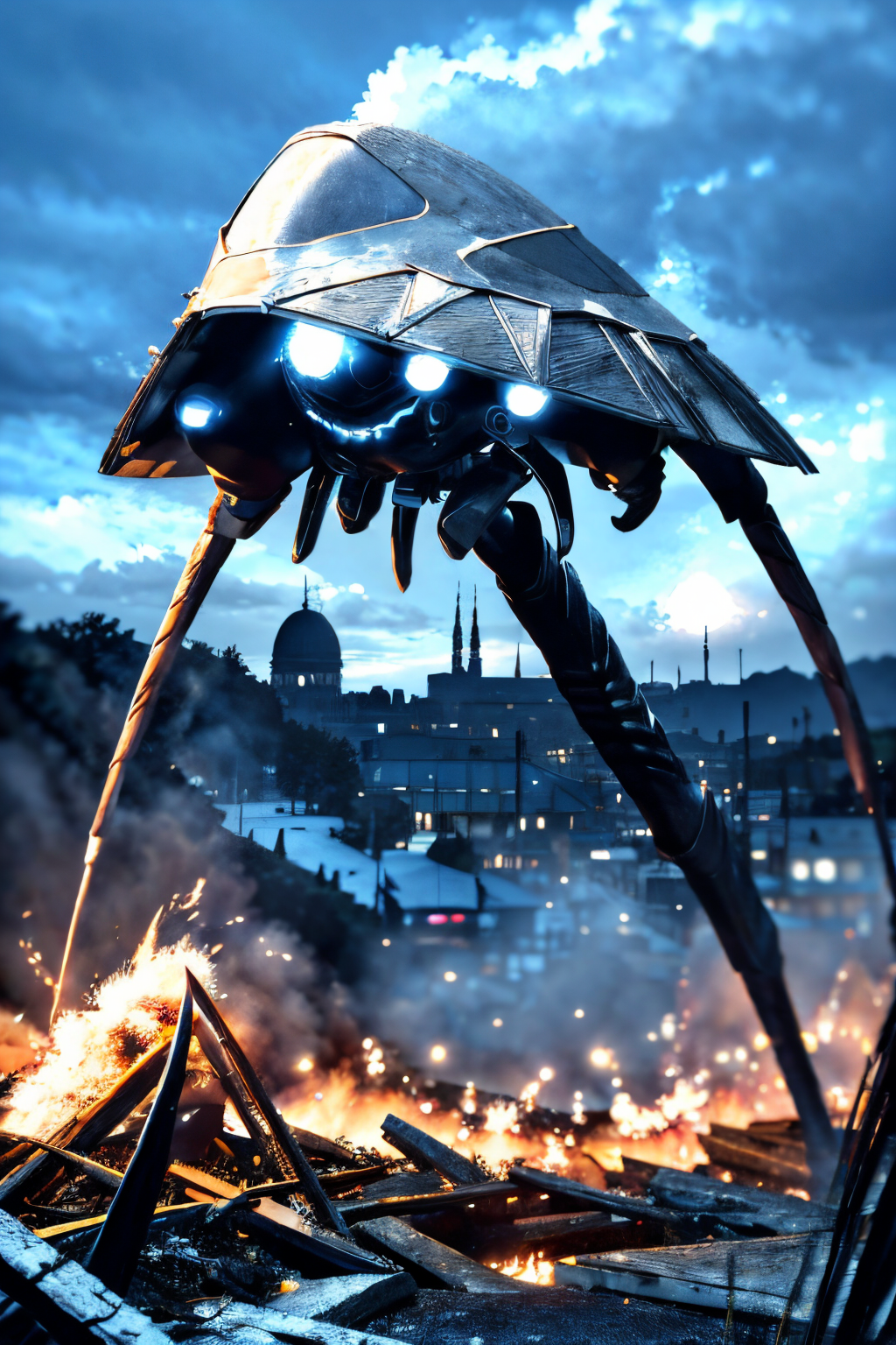 (view from bottom), explosions in the background, night sky, (Realisitc:1.5), giant alien EdobTWOTWTripod creature with claws in the city, <lora:EdobTheWarOfTheWorldsTripod_v1.0:1>
