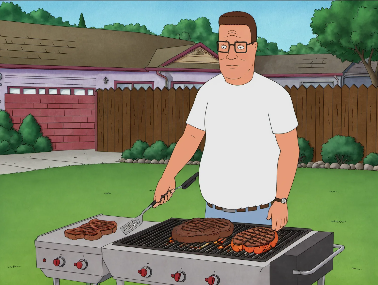 (masterpiece, best quality, high quality:1.3),highres,2d,flat shading,
hank hill,solo,grilling,backyard,
<lora:Hank_Hill:0.8>