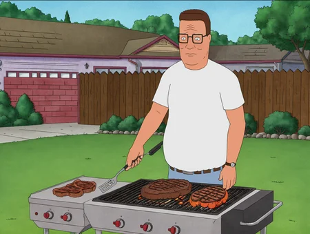 (masterpiece, best quality, high quality:1.3),highres,2d,flat shading,
hank hill,solo,grilling,backyard,
<lora:Hank_Hill:0.8>