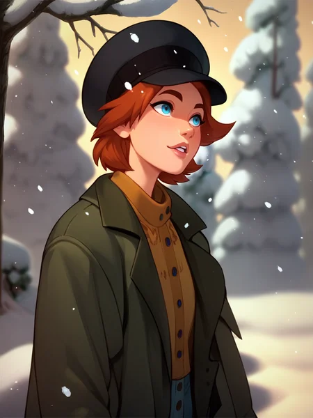 score_9, score_8_up, score_7_up, score_6_up, score_5_up, <lora:AnastasiaXLP:1> anastasia, 1girl, orange hair, solo, blue eyes, short hair, hat, jacket, snow, portrait,