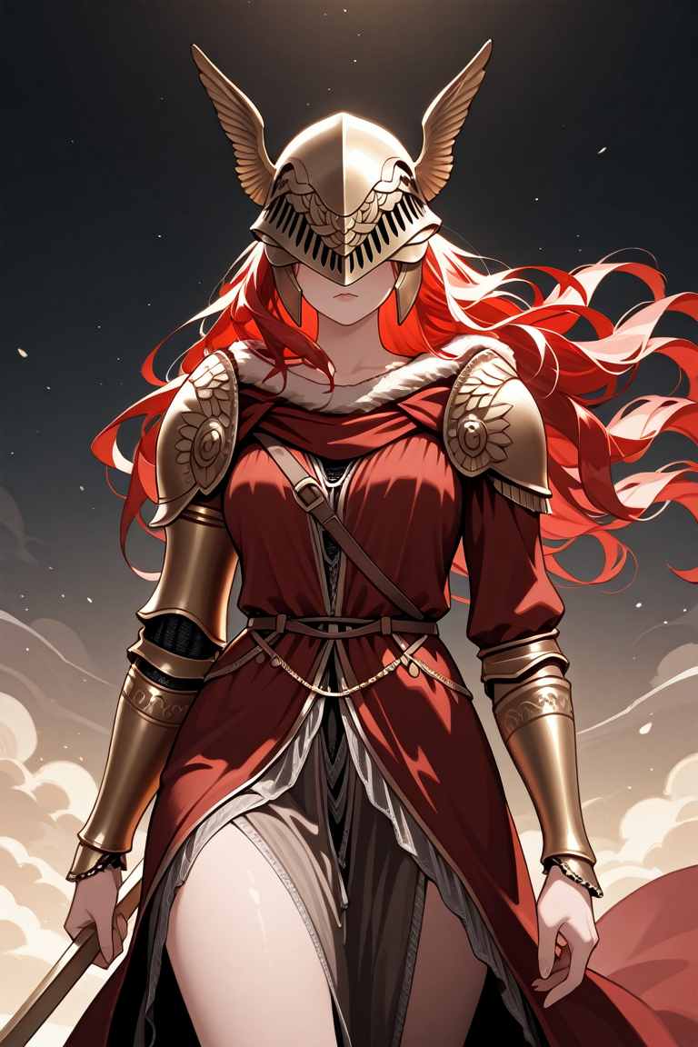 masterpiece, best quality, absurdres,
<lora:ILERMalenia:0.8>
ERMalenia, 1girl, helmet, covered eyes, long hair, red hair, armor, looking at viewer, cowboy shot