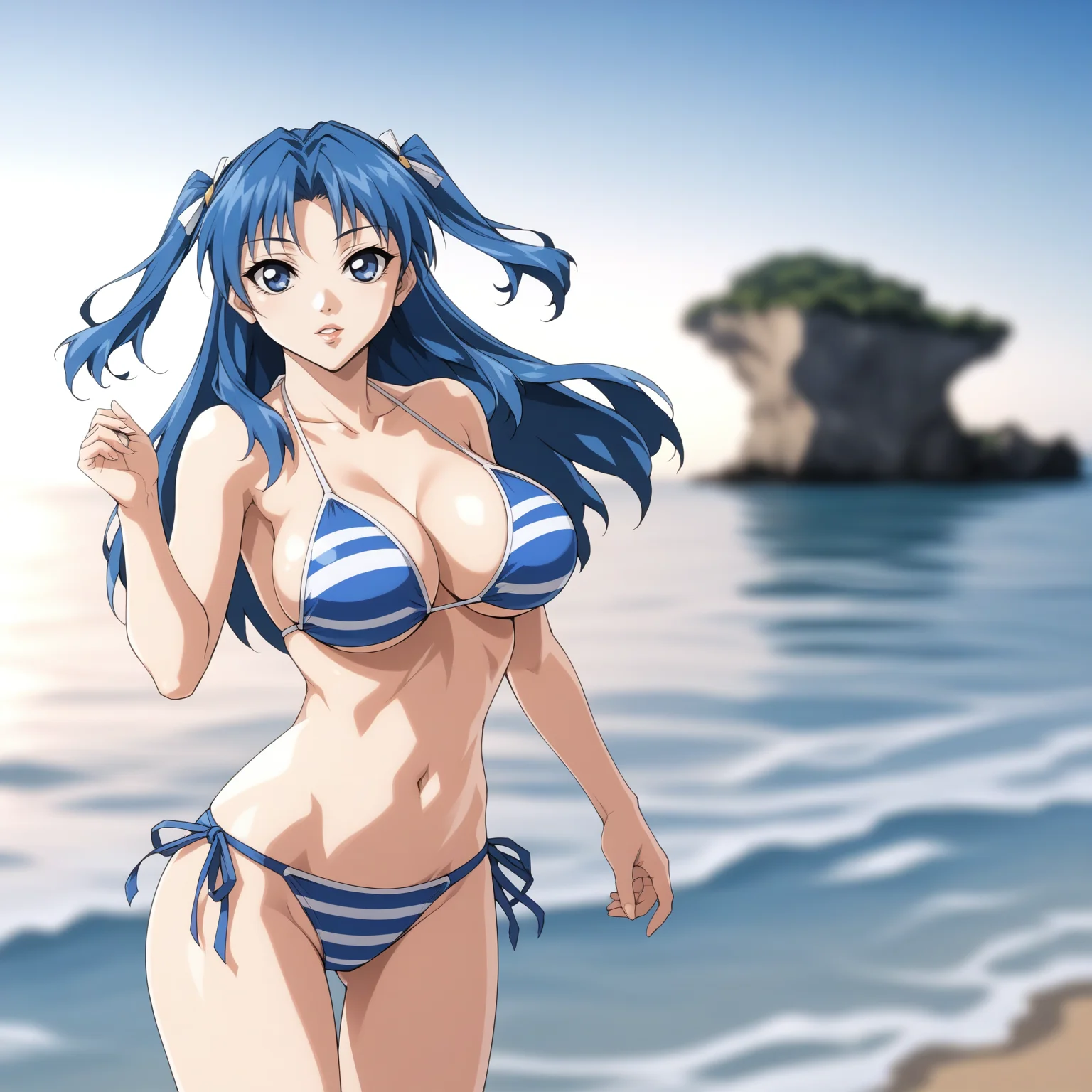<lora:TVFG_HishizakiShireXLpony005>,
ocean,blurred background,
parted lips,
solo,
HishizakiShire,1girl,blue hair,two -side up,long hair,blue eyes,
large breasts,
bikini,
standing,