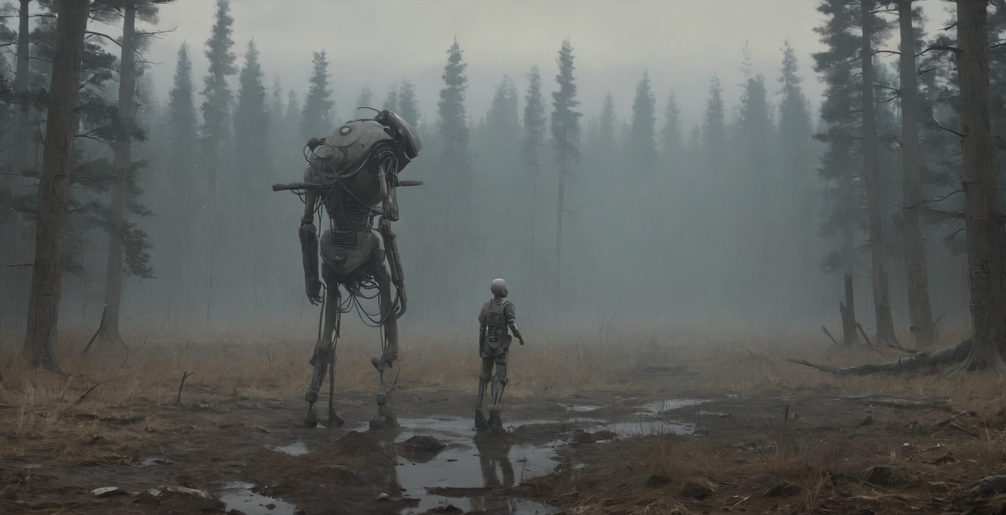 best quality, masterpiece, raw photo, 8k, uhd, cinematicpainting, a ((humanoid giant,164 feet:2)) walking throungs mountains and forest ,   <lora:Cinematic_Painting_XL_V02:1>