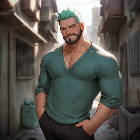 <lora:tevit-ill-v1:.7>, ((t0v1t1ll)), ((walking away look back at the viewer, slums, v-neck sweater, mint green hair, day, Medium long shot))
(very short hair, beard, bara, mature, facial hair, stubble, beard, full beard, sideburn, beard, a lot of beard, ), facial hair,male focus, muscular male, muscular male, bara, mature, bara, mature, very awa, masterpiece, best quality, absurdres, newest, perfect quality, detailed background, intricate details,
<lora:slider_Body Type_alpha1.0_rank4_noxattn_last:3><lora:slider_cfg_scale_boost:.7>,<lora:slider_il_brightness_slider_d1:-1><lora:slider_il_contrast_slider_d1:-1><lora:slider_DarkSlider1.2_alpha1.0_rank16_full_300steps:-.6>