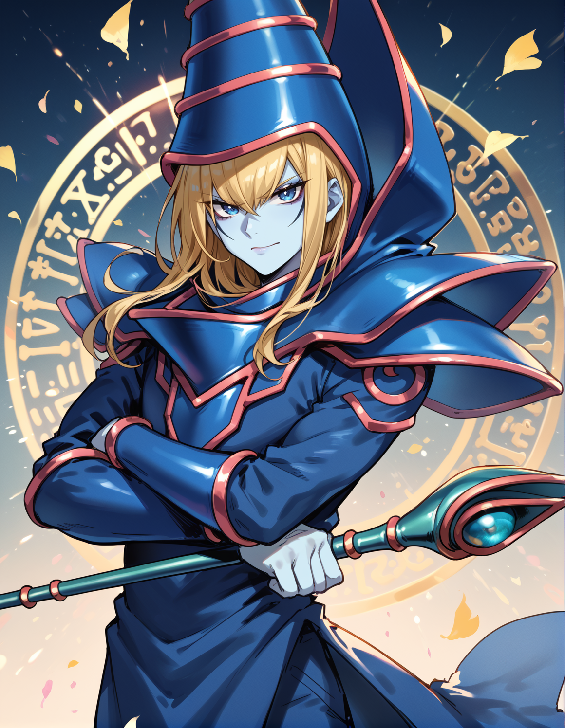 (score_9:0.9),score_8_up,score_7_up,rating_safe,(zPDXL),(zPDXL3),<lora:Dark Magician ponyXL v1.2:0.72>,dark magician,1boy,male focus,blue skin,solo,staff,holding staff,smile,looking at viewer,blonde hair,blue eyes,blue wizard clothes,blue wizard hat,magic circle,crossed arms,serious,