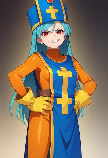 score_9, score_8_up, score_7_up, source_anime, rating_safe, solo, 1girl, dq3priest, smirk, looking at viewer, hands on hips, mitre, v-shaped eyebrows, orange bodysuit, tabard, yellow gloves <lora:dq3_priest_ponyXL:1>