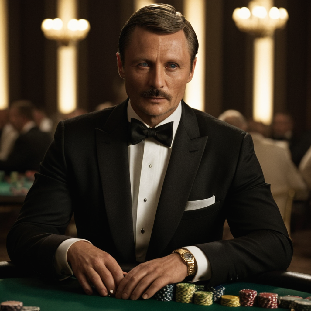 cinematic film still of  <lora:James Bond 007 style:0.9> detailed sharp image of
Le Chiffre Mads Mikkelsen a man in a tuxedo sitting at a table with poker chips,looking at viewer,shirt,black hair,long sleeves,bow,male focus,multiple boys,indoors,2boys,bowtie,black shirt,black bow,facial hair,formal,suit,watch,black bowtie,realistic,mustache,bald,old man , dramatic light, dramatic shadow light, contrast, cinematic color, cinematic look, filmic, realistic, realism, perfection, perfect, Kodak, Kodak film, movie still, spy film, action themed, espionage, James Bond style, James Bond film style, 007 style, 007 film style, shallow depth of field, vignette, highly detailed, high budget, bokeh, cinemascope, moody, epic, gorgeous, film grain, grainy
