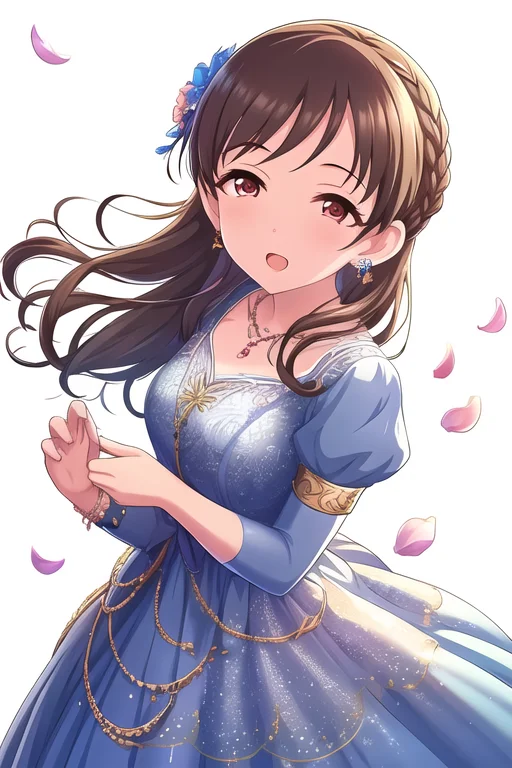 nitta minami, 1girl, armlet, bangs, blue dress, braid, brown hair, dress, earrings, eyebrows visible through hair, flower, frilled dress, frills, hair flower, hair ornament, highres, holding dress, jewelry, long hair, looking at viewer, necklace, open mouth, petals, red eyes, simple background, solo, swept bangs, white background
<lora:deresute-v1.1:1>