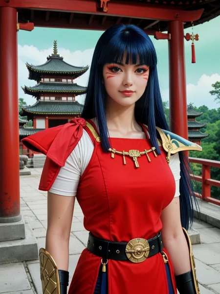 score_9, score_8_up, score_7_up, realistic, photograph, arched back, (subtle smirk), background is colored green sky, dark greensky, tall pagoda temples, dynasty, <lora:Lady_Kayura:.55> LadyKahura, Kayura from ronin warriors, armor, shoulder armor, belt, eye makeup, twin katanas, 2 swords, (massive tits), big natural breasts, roninwarriors, solo, 1girl, retro, bangs, blue hair, 1980s (style), long hair, dark eyes, makeup, <lora:Ronin_Warriors-000008:.3>, japanese, (monolid:1.2), asian