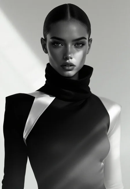 Minimalist Grace, A striking portrait of a woman adorned in a sleek, geometric dress—deep black fabric with razor-sharp white accents; her gaze is intense, bold yet serene, as if she holds secrets in her silence. Around her, shadows play with glimmers of soft, diffused light, creating an ethereal silhouette. The background is stark, almost weightless, amplifying her presence—a minimalist vision, yet bursting with quiet elegance. High contrast, cinematic lighting, and a whisper of metallic sheen on the fabric. Editorial, timelessly chic.