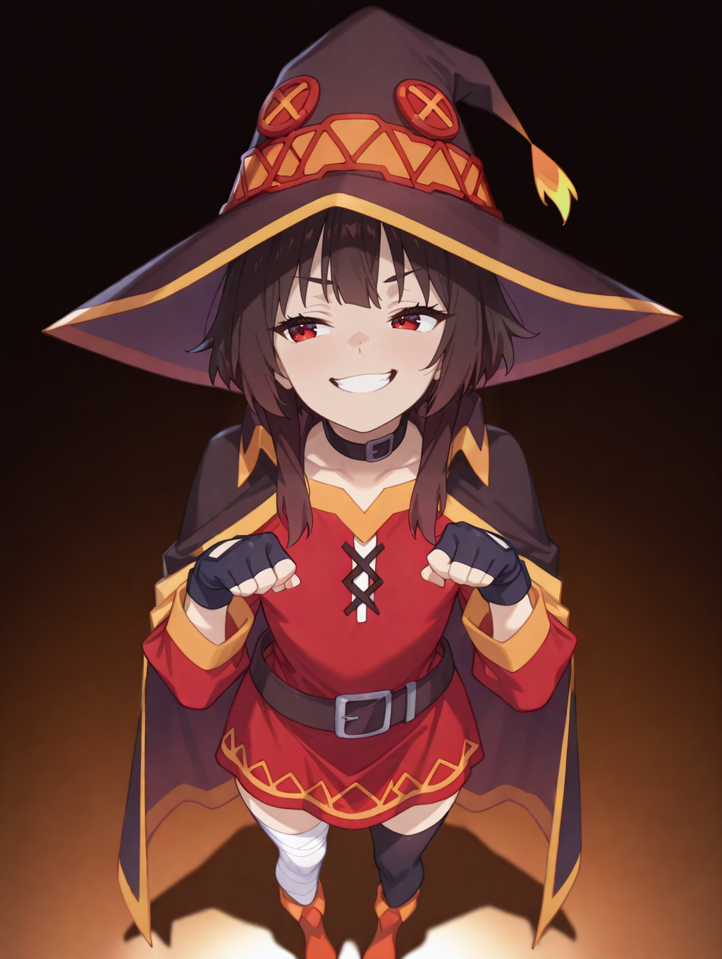perfect quality,high quality,masterpiece,best quality,amazing quality,very aesthetic,absurdres,newest,
front view,full_shot,Teasing grin,
meguminCYQL,1girl,solo,hat,witch hat,brown hair,short hair,bangs,short hair with long locks,red eyes,collar,choker,cape,black cape,dress,red dress,long sleeves,gloves,black gloves,fingerless gloves,belt,thighhighs,black thighhighs,bandages,bandaged leg,asymmetrical legwear,boots,
full body,standing,paw_pose,,
darkgoldenrod background,simple background,
<lora:ponyv4_noob1_2_adamW-000017:0.7>,<lora:NoctFlatStyleILV0.6:0.7>,<lora:wl-illV1-000017:0.8>,<lora:USNR STYLE_XL_loha:0.45>,usnr,,<lora:Megumin_Illustrious by Cyql:1>,