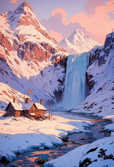 A remote Arctic research station nestled in a vast, snow-covered landscape, bathed in the soft glow of a winter sunset. The scene features towering jagged mountains in the background, their peaks illuminated by the warm hues of the fading sunlight. A frozen river winds through the terrain, reflecting the pastel pink and blue tones of the sky.
Small wooden buildings with pitched roofs and chimneys stand in the foreground, their structures designed to withstand the harsh environment. A large frozen waterfall cascades down a sheer rock face, its icy texture shimmering under the soft light. Sparse flags flutter gently in the cold wind, marking the isolated settlement.
The sky is a mesmerizing gradient of warm peach and lavender, casting long, soft shadows over the icy ground. The atmosphere is serene and tranquil, with a sense of extreme cold and isolation. Snow trails and footprints lead towards the buildings, hinting at human presence in this distant, frozen outpost.
,  anime, cyberpunk