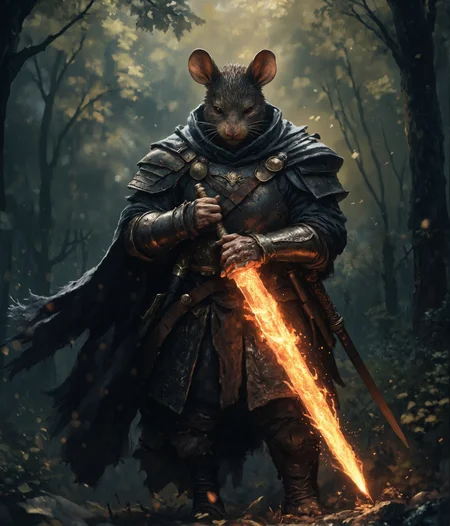 cinematic photo highly detailed portrait of a wise old mouse warrior (intricate armor:1.4) in a dark woolen cloak with a flaming sword covered in ornage flames, (fur:1.4),deep dark forest background, (shallow depth of field:1.4), foliage, global illumination, radiant light, detailed and intricate environment #cinematic, light shafts, dust motes sparkles, (Extremely Detailed Oil Painting:1.2), glow effects, godrays, Hand drawn, render, 8k, octane render, cinema 4d, blender, dark, atmospheric 4k ultra detailed, cinematic sensual, Sharp focus, humorous illustration, big depth of field, Masterpiece, colors, 3d octane render, 4k, concept art, trending on artstation, hyperrealistic, Vivid colors, extremely detailed CG unity 8k wallpaper, trending on ArtStation, trending on CGSociety, Intricate, High Detail, dramatic . 35mm photograph, film, bokeh, professional, 4k, highly detailed