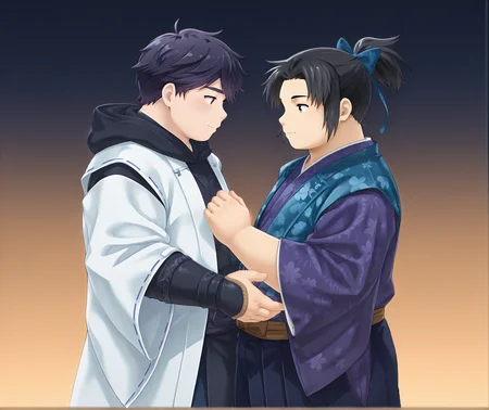 (vibrant, masterpiece, best quality, colorful, amazing quality, high quality, cinematic ambiance), very aesthetic, <lora:StS-Illustrious-Detail-Slider-v1.0:1>, <lora:t-hr-v1-09:0.7> 2boys, chubby, male focus, upper body, black hair, smile, blush, dancing, holding hands, looking at another, ((from side)), festival,
BREAK ((2boys, t-haru, short hair)), (((black detached_hood, hood over clothes))), hood_down, (white haori detached sleeves), black checkered_kimono, arm guards, blue pants, from side,
BREAK ((2boys, t-ranmaru, blue hair bow, ponytail)), japanese clothes, purple yukata, brown sash, blue hakama, no_arms_guards, green_haori_sleeveless, from side,