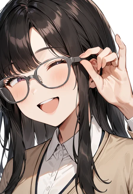 masterpiece, best quality, very aesthetic, absurdres,
1girl, solo, black hair, long hair,
Wellington22A, glasses, grey-framed eyewear,
collared shirt, happy, smile, looking at another, adjusting eyewear, white background, simple background,
<lora:glasses_Wellington_cellframe1_SDXL_V1:0.8>