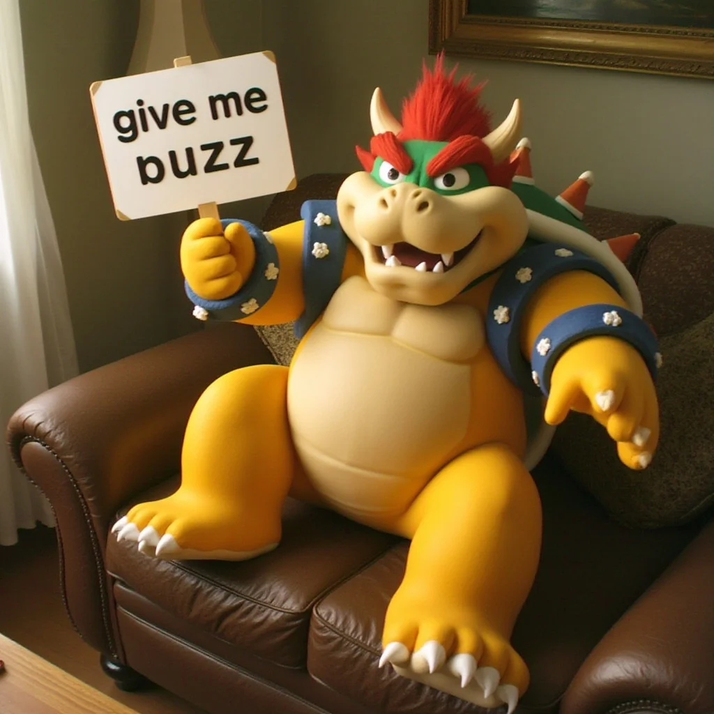 A photo of Bowser sitting on a couch taken by Kodak MC3 camera. He is holding up a sign that says "give me buzz" <lora:Kodak_MC3_Style_F1D:1.2>