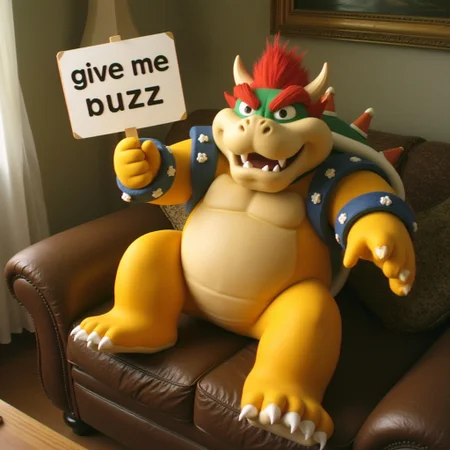 A photo of Bowser sitting on a couch taken by Kodak MC3 camera. He is holding up a sign that says "give me buzz" <lora:Kodak_MC3_Style_F1D:1.2>