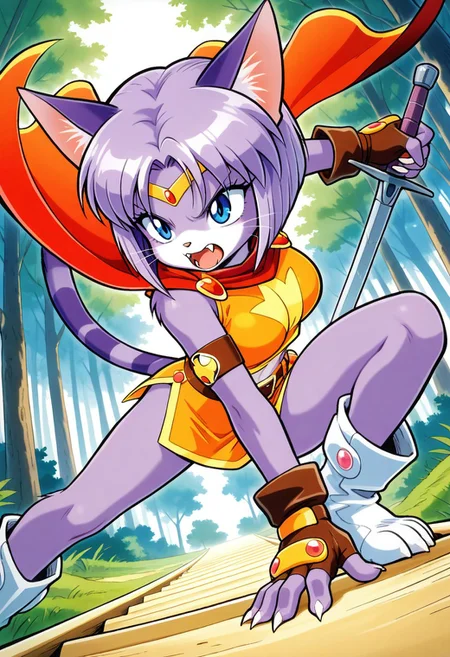 masterpiece, best quality, amazing quality, very aesthetic, absurdres, newest, 1girl, anthro, purple cat, cat ears, cat tail, paws, claws, body fur, medium purple hair, gold circlet, blue eyes, armband, orange crop top, red cape, orange miniskirt, belt, sheathed sword, slide slit, brown fingerless gloves, white boots, action pose, forest, open mouth, fangs,