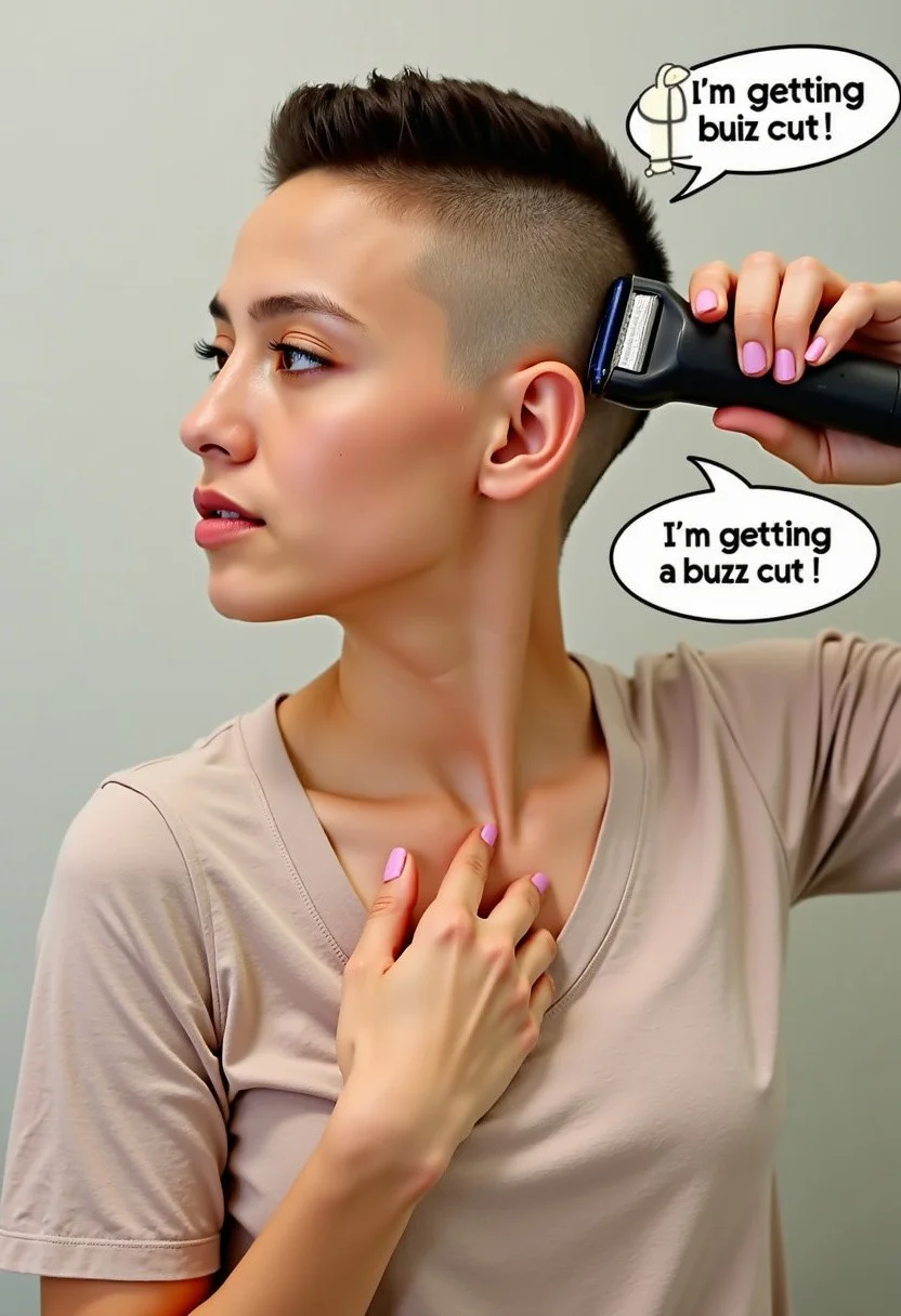 A photo of an attractive woman with a buzz cut, shaving her hair off with a shaver. A text bubble from the woman says, "I'm getting a buzz cut!". She's holding the shaver to her hair.