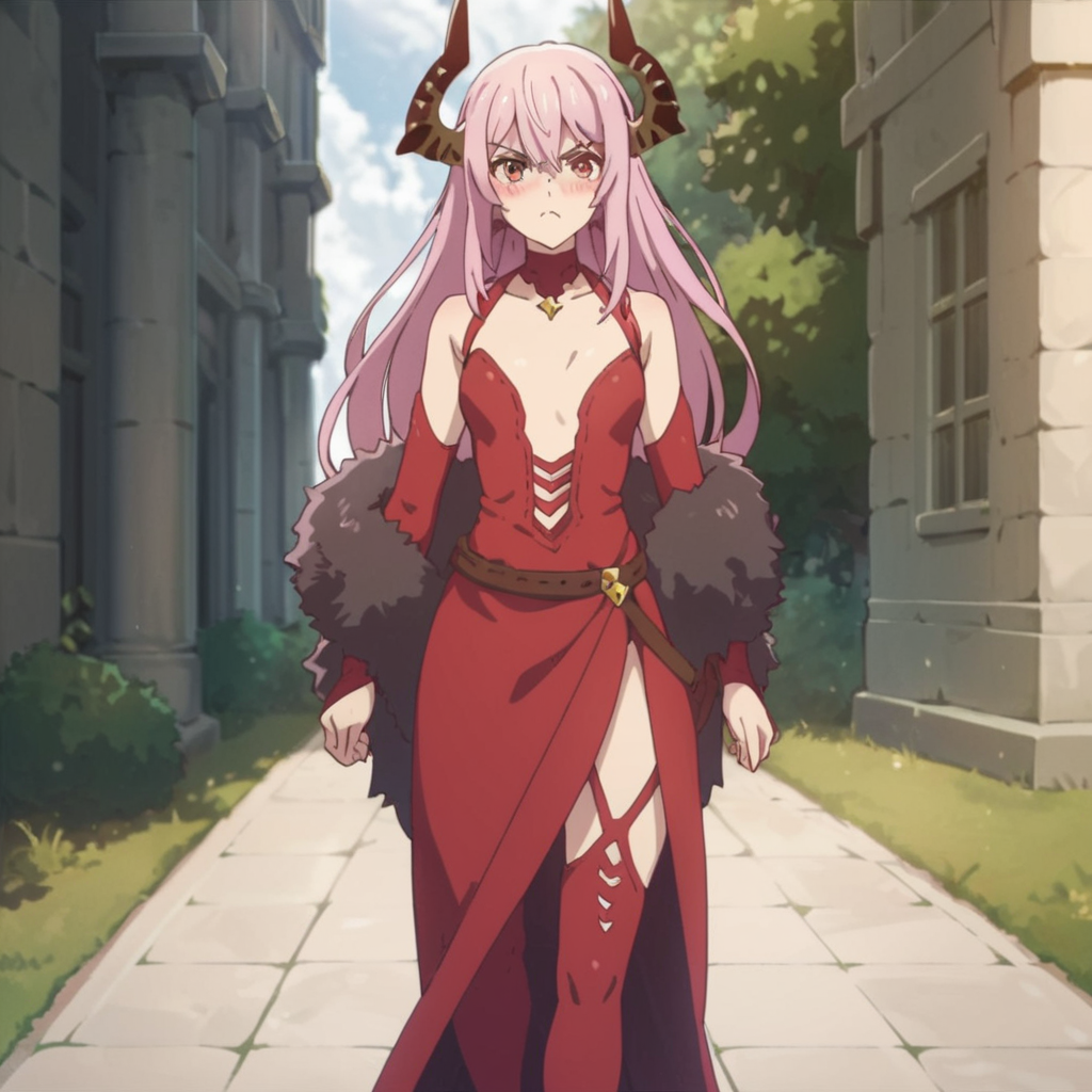 score_9, score_8_up, score_7_up, score_6_up, score_5_up, score_4_up, source_anime, , Echidna, dragon girl, red thighhighs, castle, walking, angry, blushing, grumpy