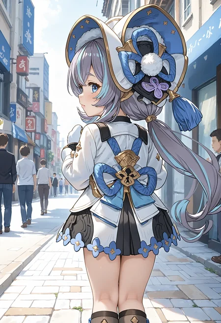 1girl, short stack, uruki \(granblue fantasy\), harvin, purple hair, multicolored hair, low twintails, blue eyes, bonnet, hat tassel, dress, long sleeves, mittens, backpack, footwear,
standing, cowboy shot, backboob, looking back, from behind, ass focus, arms behind back, leaning forward, looking over shoulder, Guilty, Downcast eyes, slumped shoulders, and a slightly ashamed expression., outdoors, city, japan, audience, crowd,
<lora:Hyper-SDXL-8steps-lora:1><lora:Fixhands_anime_bdsqlsz_V1:1> zPDXL2,score_9, score_8_up, score_7_up, masterpiece, best quality, absurdres, high resolution, 8k, official art, official style, source_anime, uncensored, anime screencap, anime coloring, megami magazine, (ai-generated:0.6) <lora:GBF-uruki_XL(pony)v10:1> uruki \(granblue fantasy\),