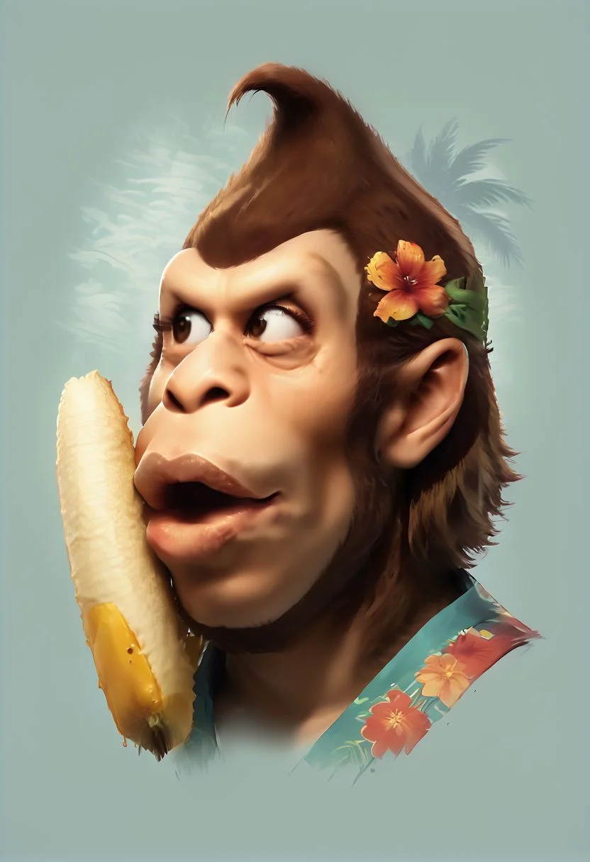 score_9, score_8_up, score_7_up, faded headshot, faded bottom, faded edges, pog, looking to the side, lips, open mouth, Kong, a photo of Kong, ape, half peeled banana, 
tropical, hawaiian shirt, 
