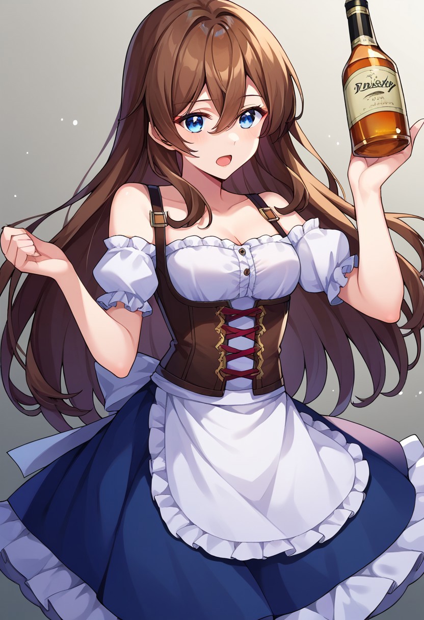 score_9, score_8, score_7, source_anime, dirndl, open mouth, apron, bare shoulders, shirt, blue eyes, hair between eyes, long hair, brown hair, alcohol, skirt