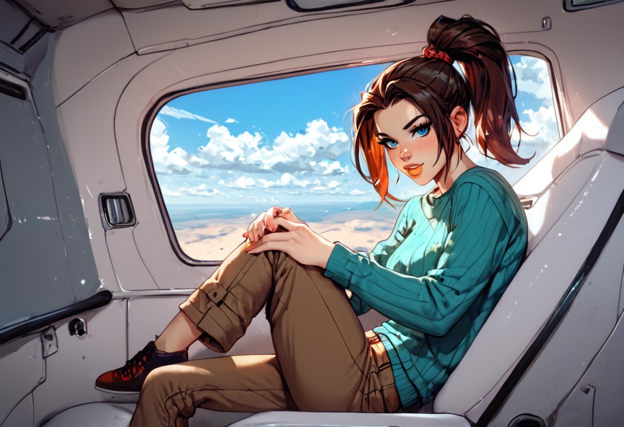 score_9, score_8_up, score_7_up,score_6_up, 
1girl, solo, ((inside airplane)), sitting in airplane, sky, clouds, 
ktprd, high ponytail, blue eyes, bumpy nose, orange lips, turquoise midriff sweater, long sleeves, brown cargo pants, shoes,
<lora:PerfectEyesXL:0.8>,