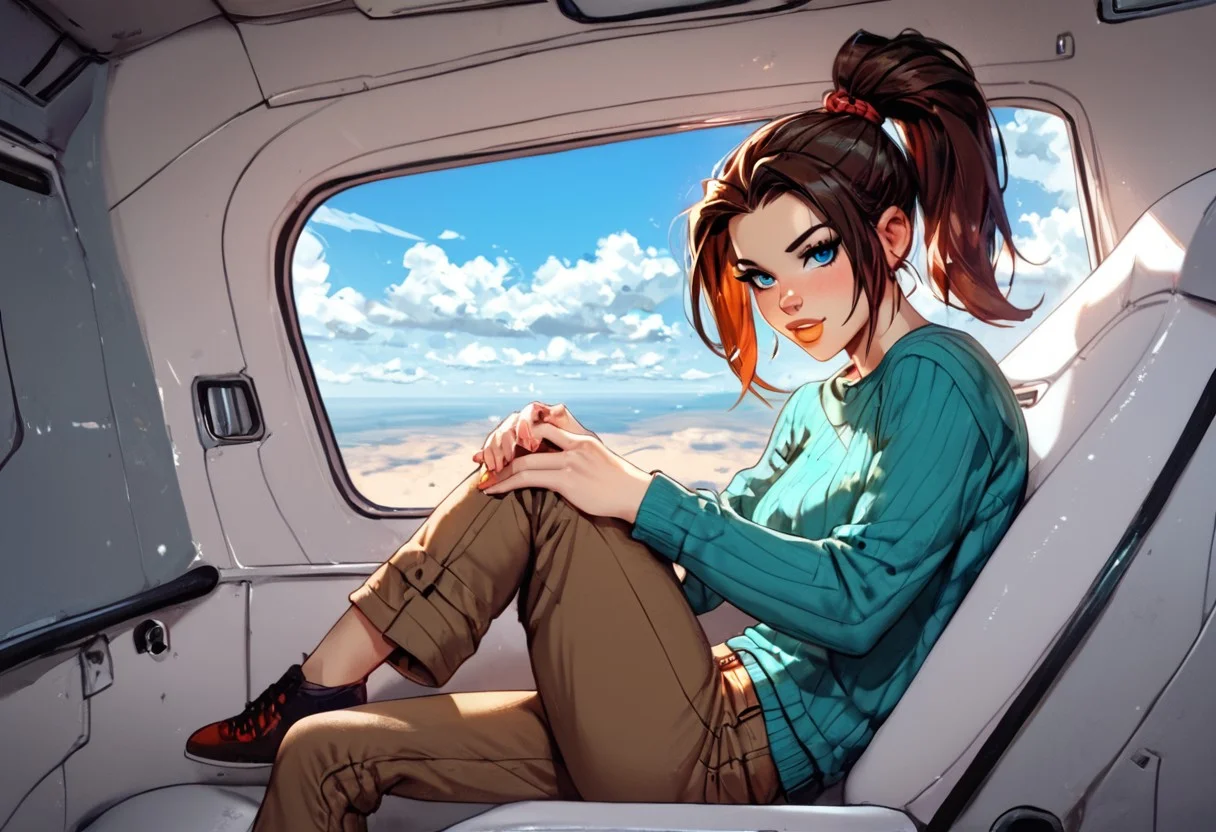 score_9, score_8_up, score_7_up,score_6_up,
1girl, solo, ((inside airplane)), sitting in airplane, sky, clouds,
ktprd, high ponytail, blue eyes, bumpy nose, orange lips, turquoise midriff sweater, long sleeves, brown cargo pants, shoes,
<lora:PerfectEyesXL:0.8>,
