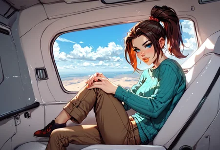 score_9, score_8_up, score_7_up,score_6_up, 
1girl, solo, ((inside airplane)), sitting in airplane, sky, clouds, 
ktprd, high ponytail, blue eyes, bumpy nose, orange lips, turquoise midriff sweater, long sleeves, brown cargo pants, shoes,
<lora:PerfectEyesXL:0.8>,
