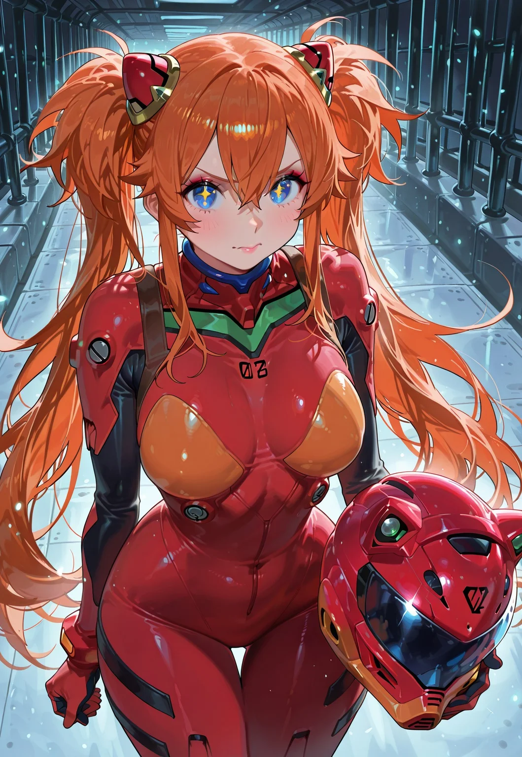 (score_9, score_8_up, score_7_up), masterpiece, detailed, anime, very aesthetic, 1girl, nia4294, bright sparkling eyes, detailed face, feminine face, cute, makeup, mascara, cold lighting, volumetric lighting, light particles, vivid constrast, evangelion, asuka, red plug suit, twin tails, blue eyes, mecha pilot suit, skin tight, very long hair, hairpods, orange hair, looking intensely at viewer, face focus, wide hips, thigh gap, holding helmet, thighs, sparkle