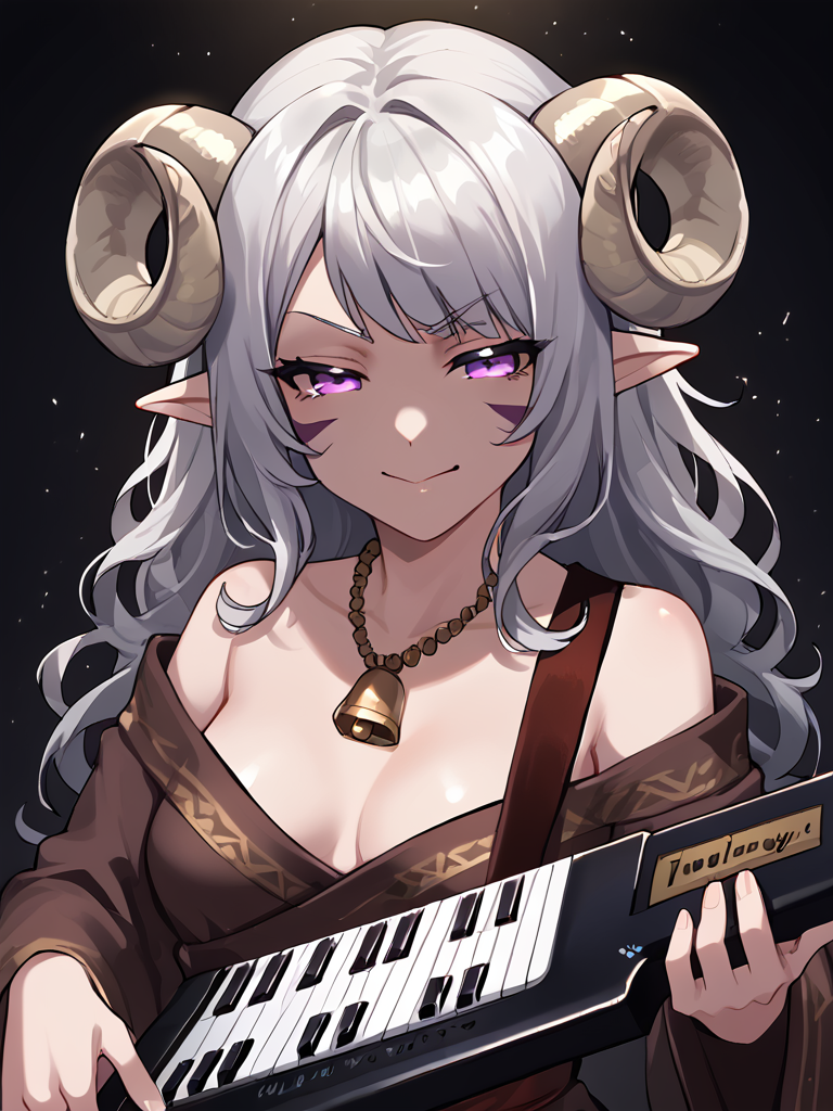 <lora:keytar:1> keytar, holding instrument, source_furry, score_7_up, rating_safe, cowboy shot, gold necklace, tiefing, short pointed ears, horns, (a pair of brown sheep Horns that begin at her temples and curve back: 1.5), bangs,long silver hair long wavy hair, pale skin,<lora:whisker_markings:0.8> whisker_markings:1.4 , pointy ears, purple eyes:1.2, <lora:age_slider_v4:0.6>   medium breasts, skinny female, close up, silver hair, <lora:Tieflingnew weird fantasyDND:0.3> Tiefling, pointed ears, horns, from above, angry, half-closed eyes:1.5, smile mouth:1.2,<lora:Smooth Style 2 SDXL_LoRA_Pony Diffusion V6 XL:0.5> bell, robe, hood off, <lora:Nanoless_Artist_Style_PonyXL:0.3>   , shaded face:1.2,