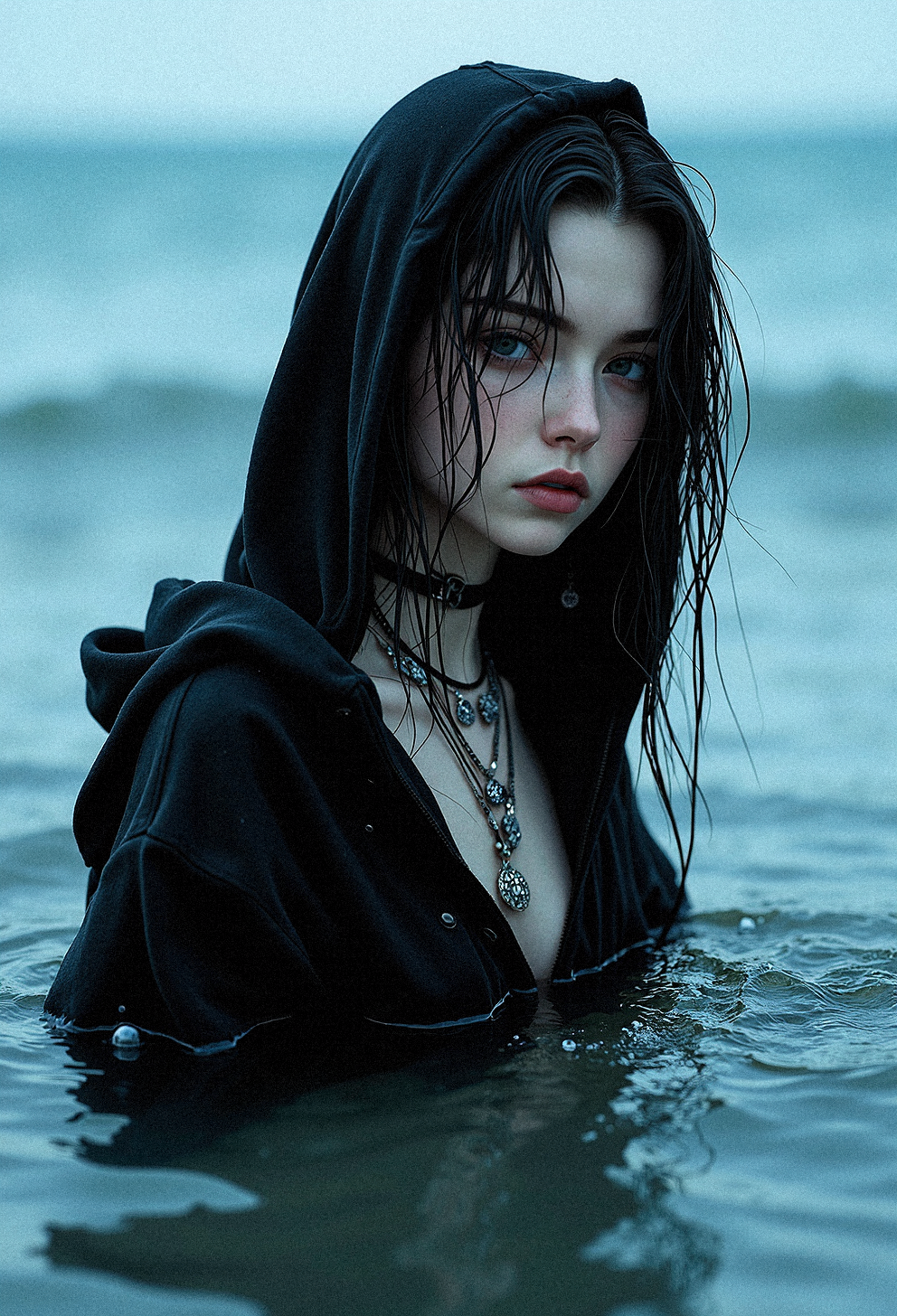 a photorealistic depiction of a woman  in shallow water, her wet, dark hair clinging to her face and neck. She wears an oversized black hoodie that slightly clings to her form, creating folds and textures as it interacts with the water. Her expression is vacant, almost melancholic.Around her neck are several necklaces and chokers with intricate pendants, adding a touch of alternative style to her otherwise minimalist appearance. The water around her ripples softly, reflecting light in shades of blue and creating gentle patterns on her skin. Bubbles and small waves create a dynamic yet serene setting. The background is softly blurred in cool blue tones, enhancing the surreal and tranquil atmosphere. Focus on achieving a high level of detail, capturing the wet sheen on her hair, the subtle textures of the hoodie, and the delicate reflections on the water’s surface.Head tilted to the right, with her hair falling over one shoulder, bubbles forming around her waist.





























