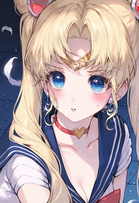 <lora:match2_noob1.1-000190:1>,
1girl, sailor moon, sailor senshi uniform, tsukino usagi, sailor moon redraw challenge \(meme\), solo, jewelry, blue sailor collar, long hair, crescent, crescent earrings, blue eyes, earrings, meme, sailor collar, choker, blonde hair, heart, twintails, red choker, heart choker, upper body, circlet, cleavage, collarbone, breasts, hair bun, parted lips, parted bangs, feathers, blush, double bun, hair ornament, hair over shoulder, magical girl, sweatdrop,
masterpiece,best quality,newest,absurdres,highres,very awa,