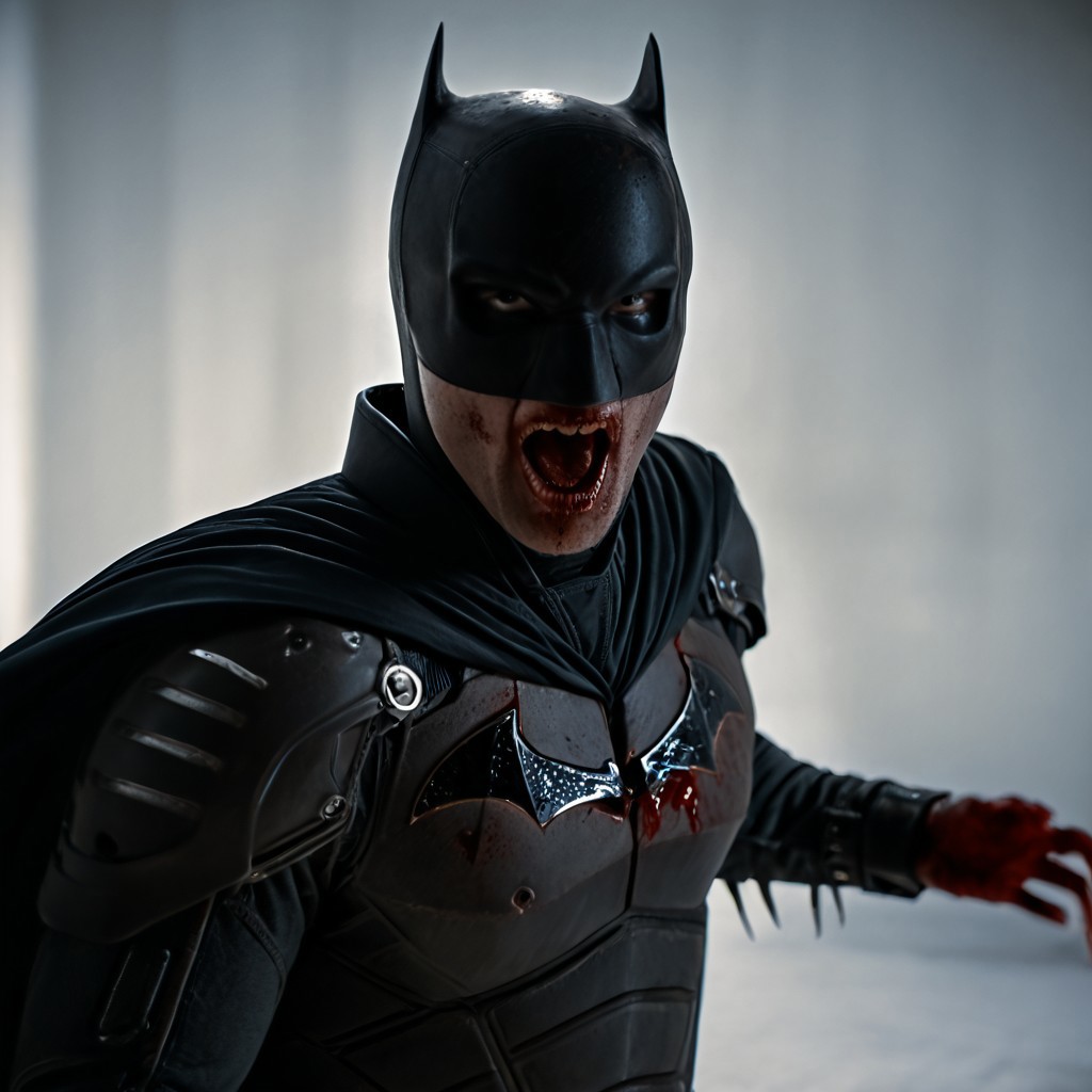 cinematic film still of  cinematic horror style <lora:cinematic horror style - the house of the dead - pony v1.1:0.9>
drawing cinematic horror style a zombie batman with a bloody zombie mouth and cape and fangs posing on white surface, perfect image, perfect body, perfect anatomy, sharp image, detailed image, high quality cinematic photography, dramatic light style, cinematic background, cinematic contrast, cinematic saturation, cinematic film color style, visual artistic composition style, cinematic horror style, solo, open mouth, simple background, teeth, cape, muscular, blood, claws, black cape, looking at viewer, fangs, muscular male, superhero, white background, sharp teeth, cloak, glowing eyes, monster, white eyes, no pupils, blood on hands, black cloak, horror (theme), shallow depth of field, vignette, highly detailed, high budget, bokeh, cinemascope, moody, epic, gorgeous, film grain, grainy