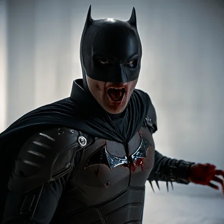 cinematic film still of  cinematic horror style <lora:cinematic horror style - the house of the dead - pony v1.1:0.9>
drawing cinematic horror style a zombie batman with a bloody zombie mouth and cape and fangs posing on white surface, perfect image, perfect body, perfect anatomy, sharp image, detailed image, high quality cinematic photography, dramatic light style, cinematic background, cinematic contrast, cinematic saturation, cinematic film color style, visual artistic composition style, cinematic horror style, solo, open mouth, simple background, teeth, cape, muscular, blood, claws, black cape, looking at viewer, fangs, muscular male, superhero, white background, sharp teeth, cloak, glowing eyes, monster, white eyes, no pupils, blood on hands, black cloak, horror (theme), shallow depth of field, vignette, highly detailed, high budget, bokeh, cinemascope, moody, epic, gorgeous, film grain, grainy