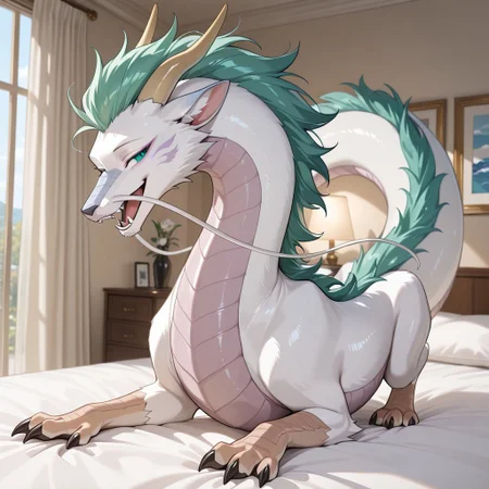 1boy, highres, absurdres, newest, masterpiece, best quality, furry, furry_male, haku_sa, eastern dragon, white fur, white underbelly, green mane, horns, tail, claws, long white whisker, green eyes, (feral, quadruped:1.1), detailed eyes, on_bed, on_stomach, open_mouth, open mouth smile, luxurious detailed room, bright room, day scene, professional lighting, white bed, solo, bedroom, smiling, seductive, looking_at_viewer, masterpiece, close up, safe
