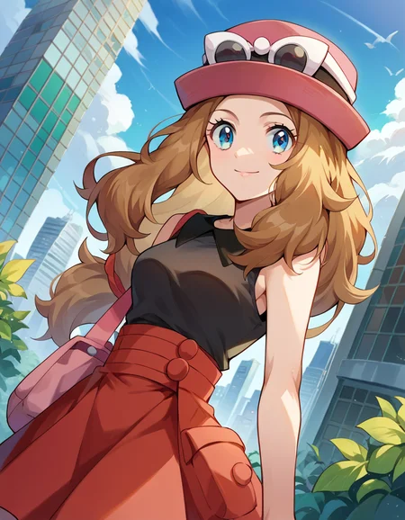 score_9, score_8_up, score_7_up, source_anime,
pokemonserena, <lora:pokemon-serena-ponyxl-lora-nochekaiser:1>
serena, long hair, blue eyes, brown hair, smile,
eyewear on head, hat, skirt, sunglasses, shirt, black shirt, sleeveless, red skirt, pink hat,
outdoors, cityscape,
looking at viewer, cowboy shot, dutch angle,