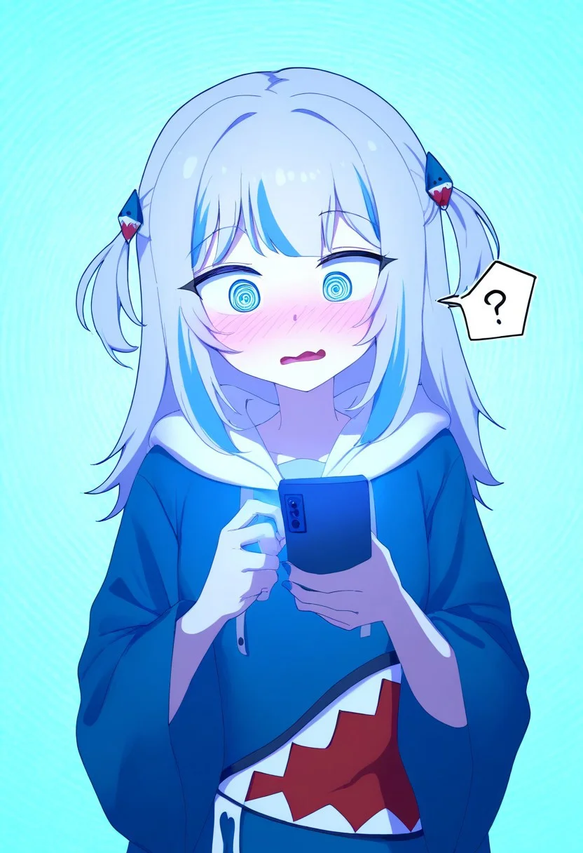 masterpiece, best quality, newest, 2024, absurdres, highres, upper body, simple background, spiral background, light blue background, BREAK blue hoodie, shark print, shark hair ornament, two side up, wide sleeves, drawstring, grey hair, streaked hair, blue eyes, shark tail, blue nails, spoken question mark, surprised, spiral eyes, @_@, open mouth, drooling, hypnosis, looking at phone, mind control, blush, holding phone, glowing screen <lora:etlabsotwev2_8dim_noob:1>